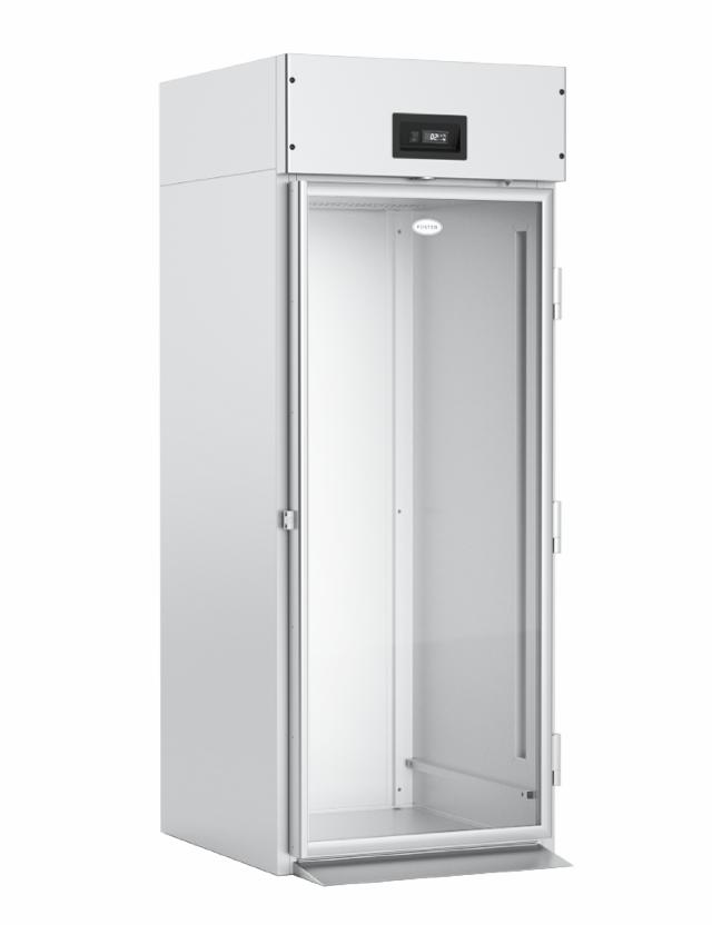 empty glass door gastronorm roll in cabinet viewed from an angle